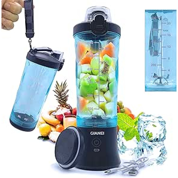 Gianei Smoothie Maker To Go — blendera mikseris ar 600 ml pilnībā iegremdētu blendera pudeli un pārnēsāšanas somu, ledus smalcināšanas USB uzlādējams akumulatora maisītājs, 6 nerūsējošā tērauda naži (melni)