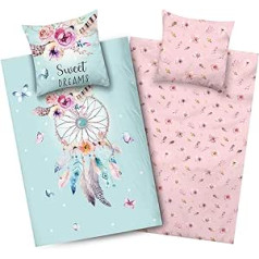Aminata Kids Bed Linen 135 x 200 cm Dreamcatcher Motif Girls Cotton Reversible Children's Bedding Set Dreamcatcher Feathers YKK Zip Turquoise Pink