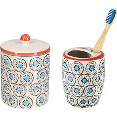 Tranquillo 2-Piece Set for Bathroom Toothbrush Holder (8 x 8 x 11 cm) and Box for Cotton Pads or Bathroom Utensils (8 x 8 x 12 cm) Made of Hand-Printed Ceramic Ethnic