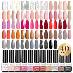 Rosalind UV Nail Polish Set, 40 Pieces Gel Nail Polish with Base Coat, Shiny & Matte Top Coat Primer, 36 Colours UV Nail Polish Black, White, Red, Grey, Brown, UV LED Shellac Nail Polish Gel for Nail