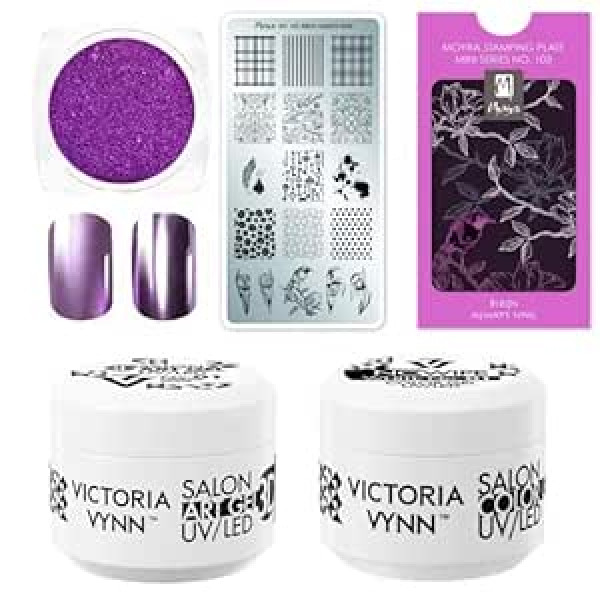 ‎Generic Victoria Vynn Powder Metallic Lila & Art Gel 3D UV/LED Set mit Moyra Mini Stempelplatte - Perfekte Nagelkunst Bundle