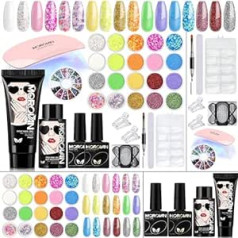 Morovan Poly Gel Starter Set - Glitter Clear Poly Gel Nails Set 20 Colors Poly Gel Starter Set with UV Lamp with Base Coat Top Coat UV and Slip Solution Poly Gel Piemērots sievietēm, lai izveidotu nagu mākslas darbus