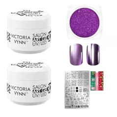 Generisch Victoria Vynn & Moyra Nail Art Gel 3D krēmīgi balts, metālisks ceriņu pulveris un ziemas necaurlaidīgi trafareti