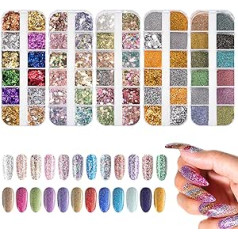 Johotone Nail Glitter Nail Art Sequins Hologrāfiskie nagu mirdzošie fliteru uzlīmes manikīram Seja Acis Lūpas Mati Ķermenis 60 Režģi 5 Kastes