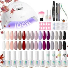 Rstyle Shellac Set with Lamp 168 W UV/LED, 16 Colours Nail Set Starter Set Gel Nails with 168 W Nail Lamp UV Gel Nail Set with Top & Base Coat Soak Off Nail Art Manicure Red Nude Grey