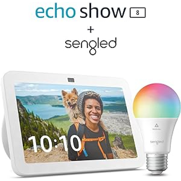 Echo Show 8 (3. Gen., 2023) | Weiß + Sengled LED-Smart-Glühbirne (E27), Funktionert mit Alexa — Smart Home-Einsteigerpaket