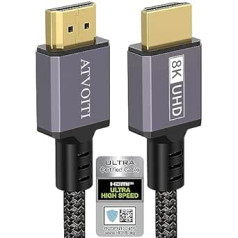 Atvoiti 8K HDMI 2.1 kabelis 3M, sertificēts 8K īpaši liela ātruma 48Gbps HDMI kabelis 8K@60Hz 4K@120Hz RTX 3080 eARC HDR10 4:4:4 HDCP 2.2&2.3 Dolby Atmos saderīgs ar Roku TV/XPS5 vairāk/X Series