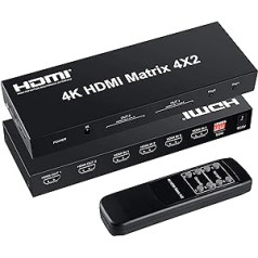 FERRISA 4x2 HDMI matricas slēdzis, 4 in 2 Out Matrix HDMI video komutācijas sadalītājs + optiskā un L/R audio izeja, atbalsts Ultra HD 4K x 2K, 3D 1080P, audio EDID nosūcējs ar infrasarkano tālvadības pulti un barošanu