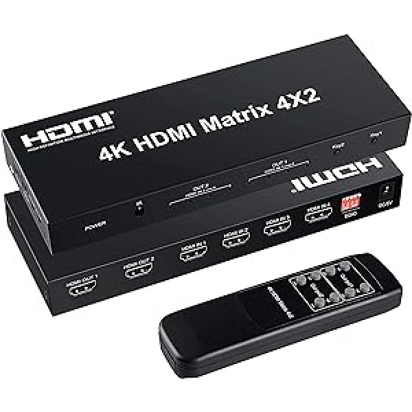 FERRISA 4x2 HDMI matricas slēdzis, 4 in 2 Out Matrix HDMI video komutācijas sadalītājs + optiskā un L/R audio izeja, atbalsts Ultra HD 4K x 2K, 3D 1080P, audio EDID nosūcējs ar infrasarkano tālvadības pulti un barošanu