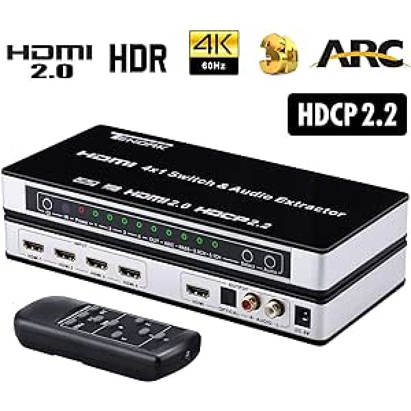 Tendak HDMI 2.0 slēdzis 4 portu HDMI slēdzis 4K HDMI sadalītājs HDMI slēdzis 4 uz 1 ar optisko un L/R audio ekstraktoru ar tālvadības pulti Atbalsta UHD 4K @ 60Hz HDCP 2.2 ARC 3D