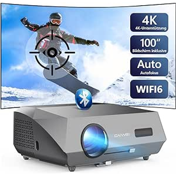 AutoFokus/Trapecveida korekcijas 4K projektors mājas kinozāles WiFi 6 1080P Native 1200 ANSI Lumen ar Bluetooth Android HDMI USB viedtālrunim/DVD/Switch/TV Stick/PC (sudraba)