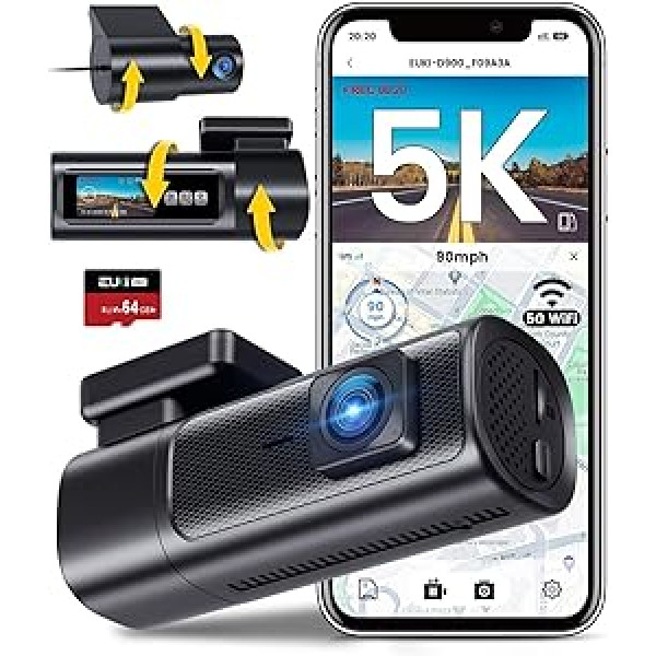 EUKI Dashcam automašīnas priekšējais aizmugurējais 5GHz WiFi GPS, 5K/4K 60 kadri/s + 2,5K automašīnas kamera ar 64G SD karti, 1,5 collu IPS ekrāna paneļa kamera, STARVIS nakts redzamība, HDR, 24 h stāvvietas uzraudzība, maks. 512 GB, 360 