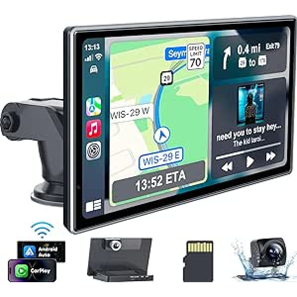 Bezvadu Apple Carplay un Android automašīnu pārnēsājamā automašīnas radio ar ekrānu, 7 collu IPS skārienekrānu, Bluetooth, Mirrorlink, 64 G SD karti, cilpas ierakstīšanas 2,5 K priekšējo kameru, aizmugures skata kameru, Carplay ekrānu