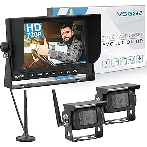 VSG Evolution HD bezvadu atpakaļgaitas sistēma dzīvojamajām mājām un kravas automašīnām, bezvadu automašīnu komplekts, ieskaitot 2x atpakaļgaitas kameras + monitoru, ērta DIY aprīkošana ar 12 V-24 V, digitālā kamera, automašīnas aizmugu