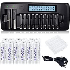 Battery Batteries AA Pack of 12 3000 mAh with Charger Intelligent - 12 Slot Smart LCD Quick Charger Universal for Mignon AA, Miscro AAA 1.2 V NIMH Rechargeable Batteries