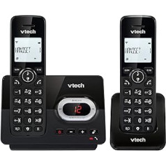 VTech CS2051 bezvadu tālrunis ar automātisko atbildētāju un 2 klausulēm, ECO+ režīms, senioru tālrunis, fiksētais tālrunis, zvanu bloķēšana, brīvroku funkcija, lielas pogas, 1 rindas displejs, melns