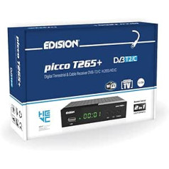 Edision Picco T265+ Terrestrial DVB-T2 and Cable DVB-C Receiver, H265 HEVC, FTA Full HD PVR, USB, HDMI, SCART, S/PDIF, IR, USB WiFi Support, Universal 2-in-1 Remote Control, Black