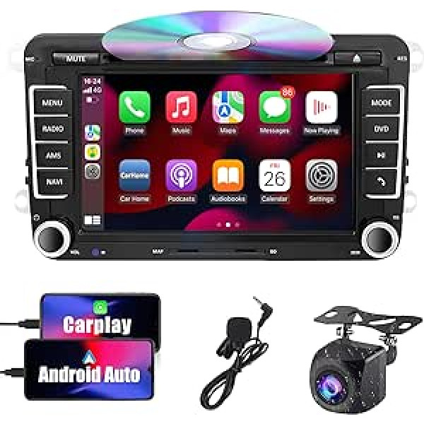 SEMAITU VW auto radio, 2 DIN 7 collu skārienekrāns DVD Bluetooth AM/FM/RDS USB SD, saderīgs ar Apple Carplay un Android Car, priekš Polo Passat Tiguan EOS, TFT AUX