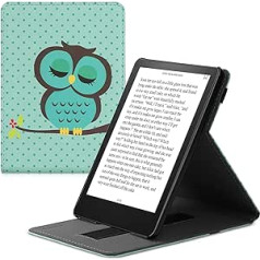 kwmobile aizsargvāciņš, kas saderīgs ar Amazon Kindle Paperwhite (11. paaudze — 2021. gads) - E-lasītājs futrālī ar siksnas statīvu - Pūce miega tirkīza brūns piparmētru zaļš