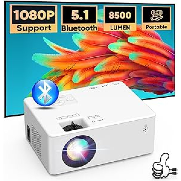 Mini projektors Bluetooth, 8500 lūmenu video projektors mobilajam tālrunim, Full HD, 1080P atbalstīts, projektors, pārnēsājams LCD mājas kinozāle, āra, saderīgs ar TV Stick, X-Box, DVD, klēpjdatoru,