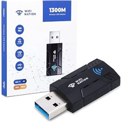 WiFi Nation® Wireless Dongle 1300Mbps WiFi adapteris 2.4G/5G Dual Band Mini USB 3.0 802.11ac bezvadu tīkla adapteris personālajam datoram, galddatoram, klēpjdatoram, Windows, MacOS un lielākajai daļai Linux distribūciju