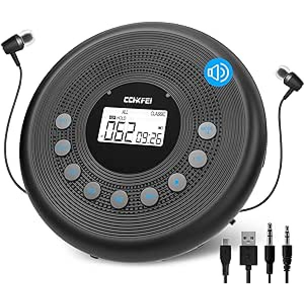 Portable CD Player Bluetooth with Speakers, Rechargeable 1400mAh CD Player Portable with Shock Protection/Anti-Skip Protection, Headphones and AUX Cable, for Car, Home & Travel