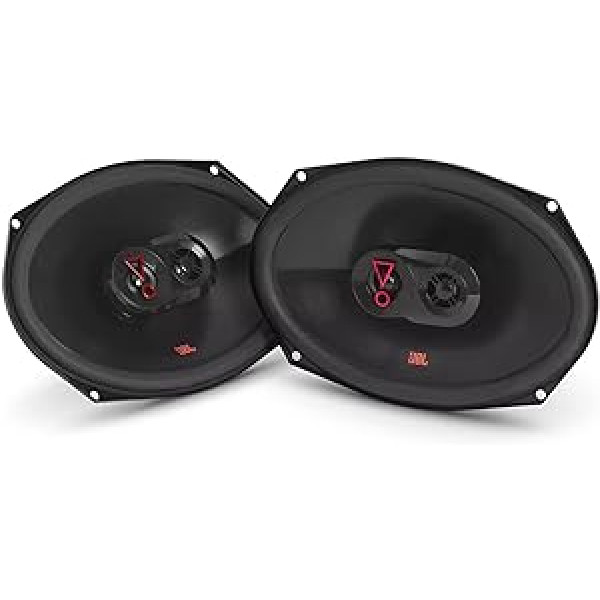 JBL Stage3 9637 trīsvirzienu automašīnas skaļruņu komplekts, ko izstrādājis Harman Kardon — 375 vatu automašīnas kastes — ovālas JBL kaste, liela, 6 x 9 collas (152 mm x 230 mm), melna