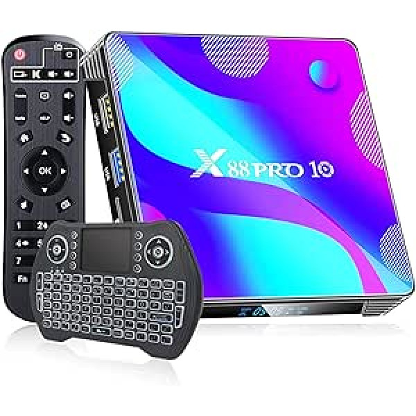 Android TV Box 11.0, X88 Pro 10 Android TV Box, RK3318 četrkodolu atbalsts, 2 GB RAM 16 GB ROM 2.4G/5G Dual WiFi BT 4.0, 4K USB 3.0 Smart TV Box ar mini tastatūras fona apgaismojumu