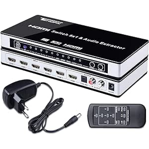 Tendak HDMI Switch HDMI Umschalter 4K HDMI Verteiler HDMI Switch 5 HDMI Schalter 5 auf 1 ar SPDIF un L/R Audio Extractor ar Fernbedienung Unterstützt Arc HDMI 1,4