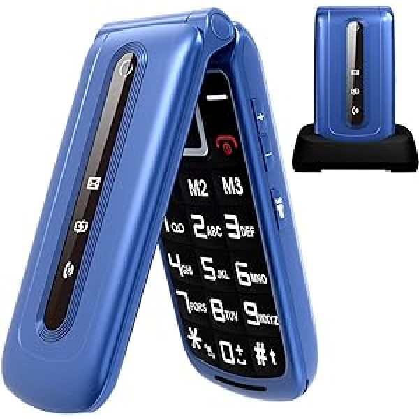 CHAKEYAKE Senior Flip Phones atbloķēts SIM bezmaksas mobilais tālrunis gados vecākiem cilvēkiem, ērti lietojams vecākais tālrunis ar lielo pogu, SOS pogu, uzlādes staciju (zilā krāsā)