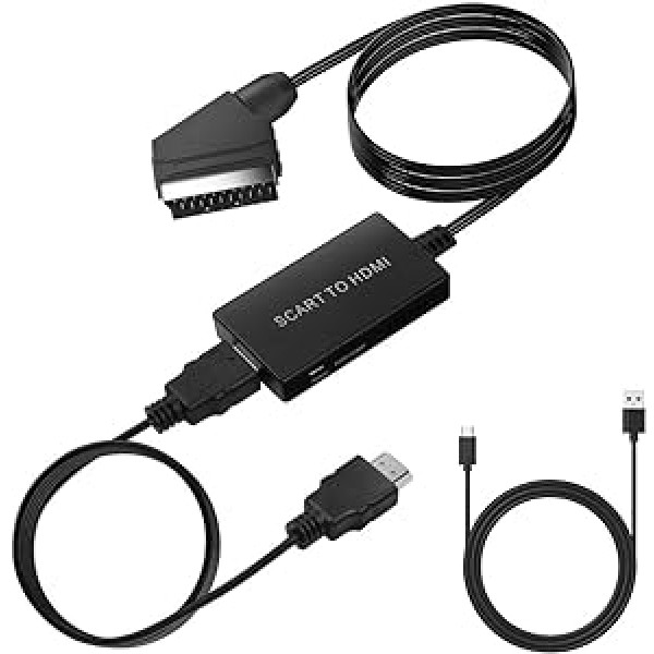 AXFEE Scart-HDMI pārveidotājs, Scart-HDMI adapteris ar HDMI kabeli, Scart ievades HDMI izejas video audio adapteris, HD 720/1080P video audio pārveidotājs HDTV STB VHS Xbox PS3 Sky DVD Blu-Ray