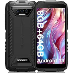 DOOGEE S41T [2023] Izturīgs viedtālrunis, 8 GB + 64 GB neiznīcināms tālrunis, TF 1 TB, 6300 mAh Android 13 tālrunis, 13 MP trīskāršā kamera, 5,5 collu HD+, NFC/GPS/IP68/IP69K melns