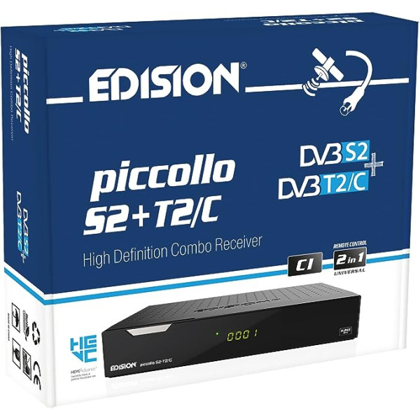 Edision Piccollo S2+T2/C kombinētais uztvērējs H.265/HEVC (DVB-S2, DVB-T2, DVB-C,) CI Full HD USB melns universāls tālvadības pults 2 vienā