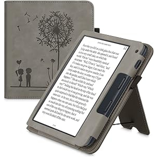 kwmobile aizsargmaciņš, kas saderīgs ar Kobo Libra 2 flip Case - vāciņš ar rokas siksnu - Dandelion Love Grey