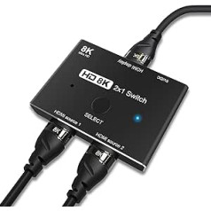 CABLEDECONN HDMI 2.1 slēdzis Ultra HD 8K liela ātruma 48Gbps virziena slēdzis tikai 2 in 1out 8K @ 60Hz 4K @ 120Hz sadalītāja pārveidotājs saderīgs ar Xbox PS5 projektoru monitoriem