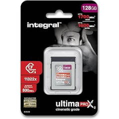 Integrētā atmiņa 128 GB CFexpress B tipa atmiņas karte 2.0 8K RAW un 4K 120 FPS 1700 MB/s lasīšanas ātrums 1600 MB/s rakstīšanas ātrums paredzēta operatoriem un profesionāliem fotogrāfiem