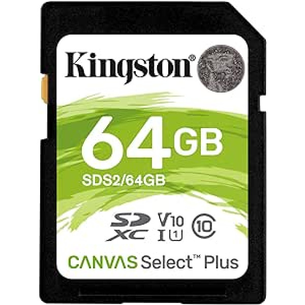 Kingston SDS2/64GBET SDS2/64GBET SDHC Canvas Select Plus 100 MB/s lasīšanas klases 10 UHS-I U1 V10 atmiņas karte ar iepakojumu bez vilšanās