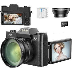 Digitālā kamera, autofokusa 4K 48MP kamera fotokamera 16x digitālā tālummaiņa kompakta kamera 3,0 collu 180 grādu apgriežamā ekrāna kamera iesācējiem, pieaugušajiem (32 GB Micro SD karte un platleņķa spogulis)