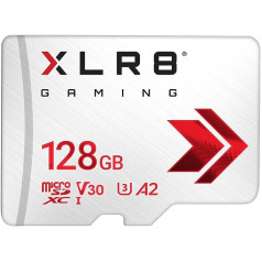 PNY XLR8 Gaming 128GB Class 10 U3 V30 A2 microSDXC zibatmiņas karte — lasīšanas ātrums līdz 100 MB/s — ideāli piemērots viedtālruņiem, planšetdatoriem, rokas konsolēm — balts