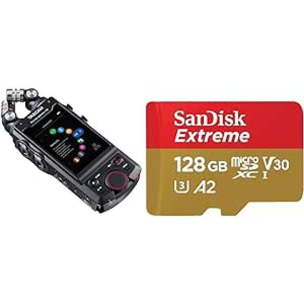 Tascam Portacapture X8 — pārnēsājams 6+2 Spur augstas izšķirtspējas 32 bitu/192 kHz ierakstītājs, Black & SanDisk Extreme MicroSDXC UHS-I atmiņas karte 128 GB + adapteris (A2, C10, V30, U3, 190 MB/s pārraide )