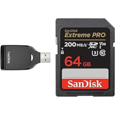 SanDisk SD UHS-I Card Reader, Black & Extreme PRO SDXC UHS-I Memory Card 64GB (V30, Transfer Speed 200MB/s, U3, 4K UHD Videos, SanDisk QuickFlow Technology, Temperature Resistant)