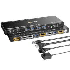 Balss vadāms DisplayPort KVM Switch 2 PC 2 Monitors 8K @ 30Hz 4K @ 144Hz, ESKEVE Dual Monitors KVM Switch ar audio un 4 USB 3.0 porti austiņu tastatūras pelei, atbalsta KVM režīmu un USB režīmu