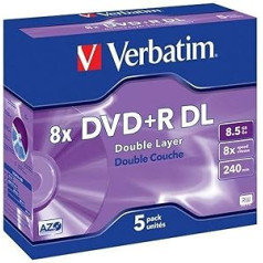 Verbatim 43541 8x divslāņu DVD+R — Jewel Cased 5 pack