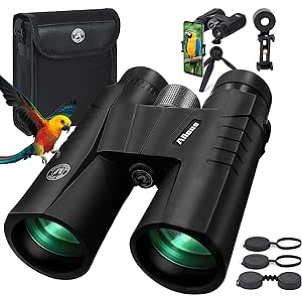 Aiious Binoculars Adult 12 x 42 HD kompakts ūdensnecaurlaidīgs binoklis ar somiņu, pārnēsāšanas siksnu, viedtālruņa adapteri un statīvu, FMC objektīvs, kas ideāli piemērots putnu vērošanai, pārgājieniem, medībām, ceļojumiem, apskates v