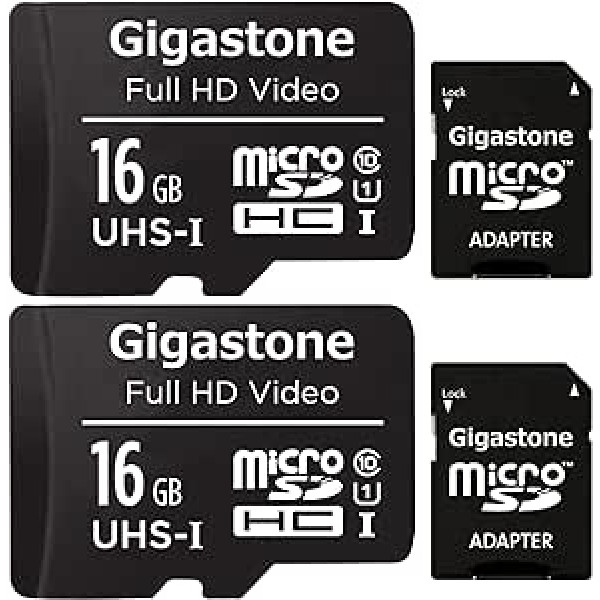 Gigastone 16GB MicroSDHC Speicherkarte 2er-Pack + SD Adapter, für Action-Kamera, GoPro, Drohne und Tablet, Lesegeschwindigkeit bis zu 85MB/s, Full HD-Videoaufnahme, Micro SD Karte UHS-I Klasse 10 U1