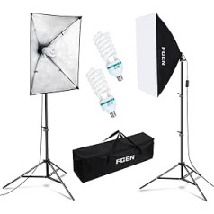 FGen Softbox fotostudijas komplekts, 2 x 50 x 70 cm apgaismojums fotostudijai ar E27 ligzdu 135 W 5500 K fotolampa un 2 M regulējami gaismas statīvi studijas portretiem, produktu fotografēšanai, modes fotogrāfijām