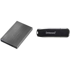 Intenso 6028680 atmiņas plate pārnēsājamais cietais disks 2TB, pārnēsājams ārējais cietais disks 2TB — 2,5 collas, 5400 apgr./min, 8 MB kešatmiņa, USB 3 antracīta un ātruma līnija, 64 GB atmiņas karte, USB zibatmiņas karte 3.2 Gen