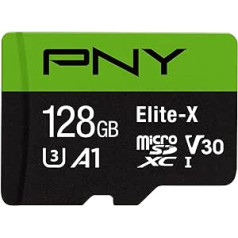 PNY Elite-X 128 GB MicroSDXC atmiņas karte ar SD adapteri A1 lietotnes veiktspēja līdz 100 MB/s Lasīšanas ātruma klase 10 UHS-1 U3 V30 4K video