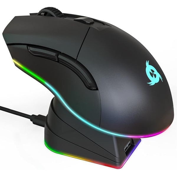 KLIM Blaze Pro uzlādējama bezvadu pele — spēļu pele ar RGB un uzlādes staciju — augstas precizitātes sensors un ilgmūžīgs akumulators — līdz 6000 DPI — vadu un bezvadu pele datoram