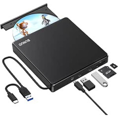 BUNUD Ārējais CD DVD diskdzinis USB 3.0 Type-C ar 2 USB un SD/TF CD DVD diskdziņiem Ārējais RW rakstītājs DVD diskdzinis Ārējais personālajam datoram klēpjdators Windows 11/10 Mac MacBook Apple iMac